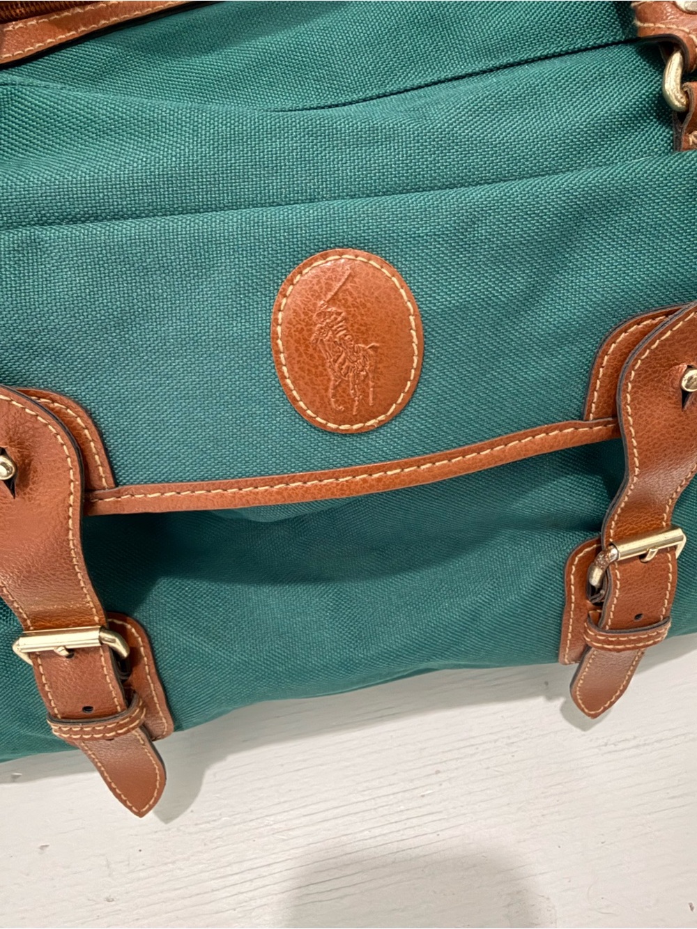 Vintage Polo Ralph Lauren Green Canvas Leather Weekender Duffel Bag - Picture 8 of 12